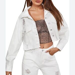 SHEIN White Jean Distressed Denim Crop Jacket S NWOT